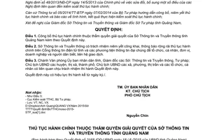 Quyết định 2168/QĐ-UBND 2015 công bố thủ tục hành chính của Sở Thông tin Truyền thông Quảng Nam