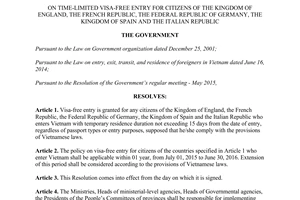 Resolution No. 46/NQ-CP 2015 on time-limited visa-free entry for citizens of England French Germany Spain