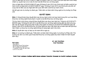 Quyết định 1490/QĐ-BKHCN 2015 công bố thủ tục hành chính mới Bộ Khoa học và Công nghệ