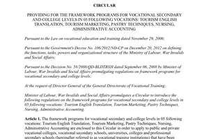Circular 22/2015/TT-BLDTBXH framework programs for vocational secondary college levels Tourism Marketing