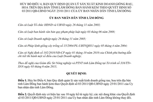 Quyết định 48/2015/QĐ-UBND hủy bỏ Điều 4 quản lý sản xuất kinh doanh giống rau hoa Lâm Đồng