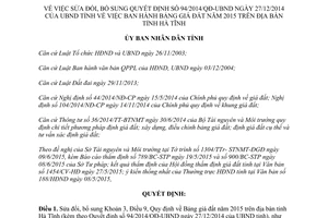 Quyết định 21/2015/QĐ-UBND sửa đổi 94/2014/QĐ-UBND Bảng giá đất tỉnh Hà Tĩnh
