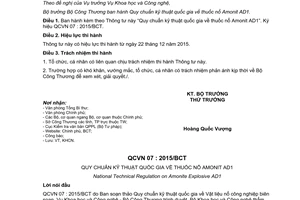 Thông tư 19/2015/TT-BCT ban hành Quy chuẩn kỹ thuật quốc gia về thuốc nổ Amonit AD1