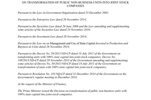 Decision No. 22/2015/QD-TTg on transformation of Public non-business units into Joint stock companies