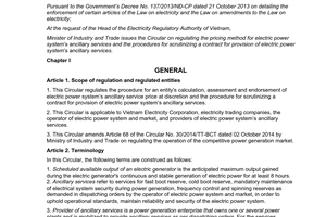 Circular No. 21/2015/TT-BCT pricing method for electric power systems ancillary services