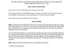 Quyết định 941/QĐ-TTg 2015 thành lập tổ chức điều phối phát triển vùng kinh tế trọng điểm 2015 2020