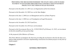 Decision No. 23/2015/QD-TTg uses land to make payment to investors construction investment build transfer