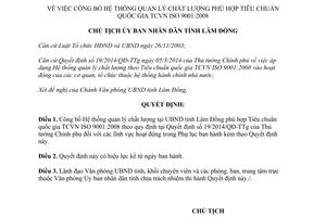 Quyết định 1400/QĐ-UBND 2015 công bố Hệ thống quản lý chất lượng tại phù hợp Tiêu chuẩn Lâm Đồng