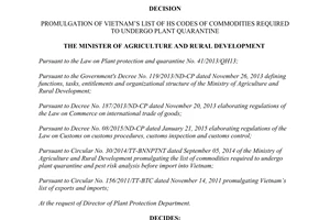 Decision 2515/QD-BNN-BVTV Vietnams list of hs codes commodities required undergo plant quarantine