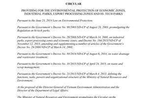 Circular No. 35/2015/TT-BTNMT providing for the environmental protection of economic zones industrial parks