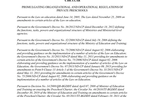 Circular 13/2015/TT-BGDĐT organizational operational private preschools promulgating organizational