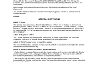 Circular No. 36/2015/TT-BTNMT management of hazardous wastes