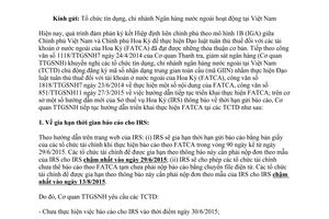 Công văn 1882/TTGSNH11 2015 hướng dẫn tiếp tục triển khai thực hiện FATCA