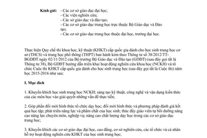 Công văn 3162/BGDĐT-GDTrH nghiên cứu khoa học cuộc thi khoa học kỹ thuật cấp quốc gia trung học 2015