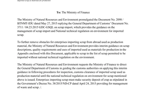 Official Dispatch No. 2570/BTNMT-TCMT Interim guidance scrap usesimported materials production