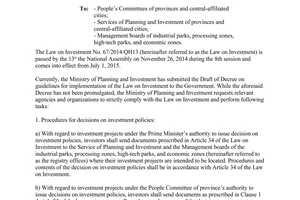 Official Dispatch No. 4366/BKHDT-PC 2015 on implementation of the Law on Investment
