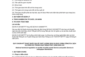Quy chuẩn quốc gia QCVN 01:2015/BTTTT về Chất lượng dịch vụ bưu chính công ích, dịch vụ công ích trong hoạt động phát hành báo chí
