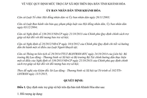 Quyết định 15/2015/QĐ-UBND Quy định mức trợ cấp xã hội tỉnh Khánh Hòa