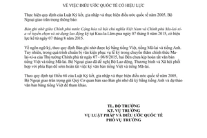 Thông báo 40/2015/TB-LPQT hiệu lực Bản ghi nhớ tuyển chọn và sử dụng lao động Việt Nam Malaixia