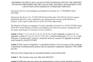 Circular No. 113/2015/TT-BTC amending No. 04/2012/TT-BTC fees charges in veterinary services