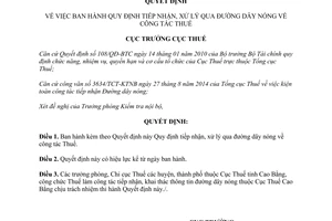 Quyết định 402/QĐ-CT tiếp nhận xử lý qua đường dây nóng công tác Thuế tỉnh Cao Bằng 2016