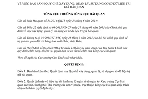 Quyết định 2344/QĐ-TCHQ xây dựng quản lý sử dụng cơ sở dữ liệu trị giá hải quan 2015