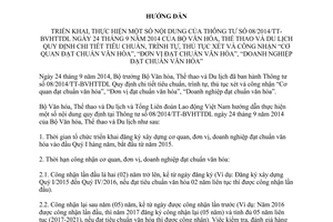 Hướng dẫn 3337/HD-BVHTTDL-TLĐ thực hiện 08/2014/TT-BVHTTDL tiêu chuẩn cơ quan doanh nghiệp đạt chuẩn văn hóa 2015