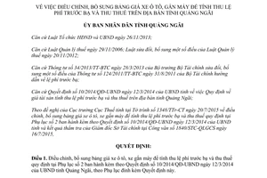 Quyết định 39/2015/QĐ-UBND điều chỉnh bảng giá xe ô tô gắn máy để tính thu lệ phí trước bạ Quảng Ngãi