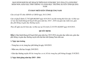 Quyết định 2825/QĐ-UBND kế hoạch năm học giáo dục mầm non phổ thông thường xuyên Quảng Nam 2016