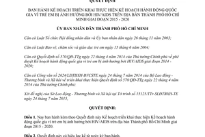 Quyết định 3961/QĐ-UBND 2015 Kế hoạch hành động vì trẻ em bị ảnh hưởng bởi HIVAIDS Hồ Chí Minh