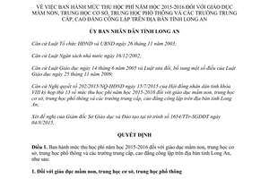 Quyết định 37/2015/QĐ-UBND mức thu học phí 2015 2016 đối với giáo dục Tỉnh Long An
