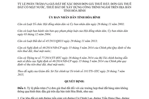 Quyết định 22/2015/QĐ-UBND tỷ lệ % giá đất xác định đơn giá thuê đất xây dựng công trình Hòa Bình