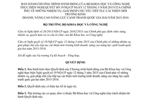 Quyết định 2029/QĐ-BKHCN 2015 thực hiện 19/NQ-CP giải pháp tiếp tục cải thiện môi trường kinh doanh
