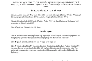 Quyết định 17/2015/QĐ-UBND khuyến khích xây dựng nhà ở cho thuê phục vụ người lao động Hà Nam