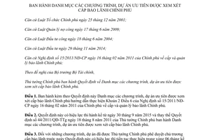 Quyết định 34/2015/QĐ-TTg Danh mục chương trình dự án ưu tiên được xem xét cấp bảo lãnh Chính phủ