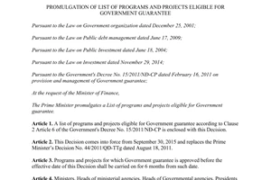 Decision 34/2015/QĐ-TTg promulgation of List of programs projects eligible for Government guarantee