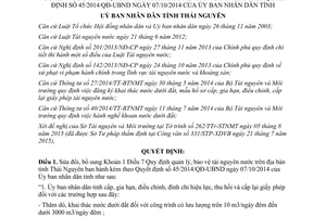 Quyết định 19/2015/QĐ-UBND sửa đổi 45/2014/QĐ-UBND Quản lý bảo vệ tài nguyên nước Thái Nguyên