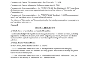 Circular No. 24/2015/TT-BTTTT stipulating management and use of internet resources
