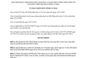 Quyết định 20/2015/QĐ-UBND Hạn mức giao đất và hạn mức công nhận một số loại đất Cà Mau