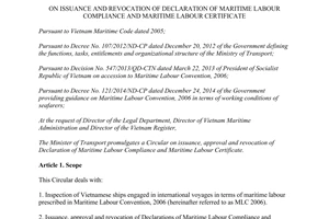 Circular No. 43/2015/TT-BGTVT issuance revocation of declaration of maritime labour compliance