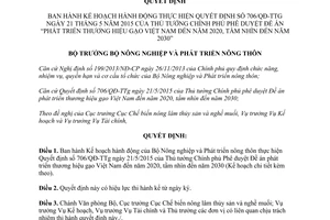 Quyết định 3340/QĐ-BNN-CB 2015 thực hiện Quyết định 706/QĐ-TTg Phát triển thương hiệu gạo Việt Nam
