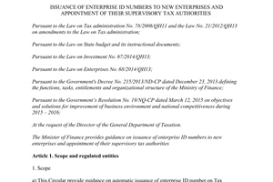 Circular No. 127/2015/TT-BTC issuance of enterprise ID numbers to new enterprises