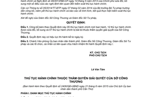 Quyết định 2406/QĐ-UBND 2015 công bố thủ tục hành chính thẩm quyền Sở Công Thương Cần Thơ