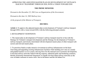 Decision No. 1468/QD-TTg approving adjusted master plan development VietNams railway transport 2020 2030