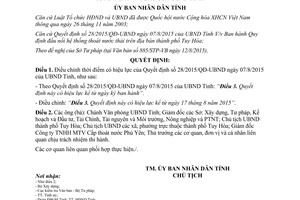 Quyết định 1558/QĐ-UBND 2015 điều chỉnh thời điểm có hiệu lực Quyết định 28/2015/QĐ-UBND Phú Yên
