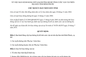 Quyết định 1838/QĐ-UBND Bảng xếp loại đường bộ để tính cước vận tải Bình Phước