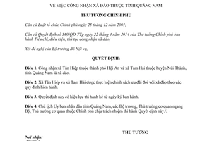 Quyết định 1464/QĐ-TTg 2015 về công nhận xã đảo thuộc tỉnh Quảng Nam