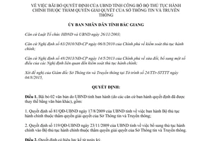 Quyết định 366/QĐ-UBND bãi bỏ Quyết định công bố thủ tục hành chính Bắc Giang 2015