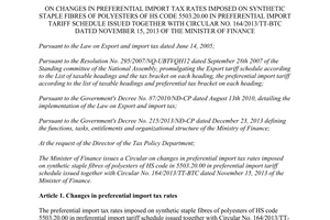 Circular No. 131/2015/TT-BTC on changes in preferential import tax rates HS code 55032000