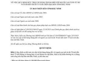 Quyết định 30/2015/QĐ-UBND trợ hàng tháng người cao tuổi từ đủ 70 tuổi đến dưới 75 tuổi Bắc Ninh